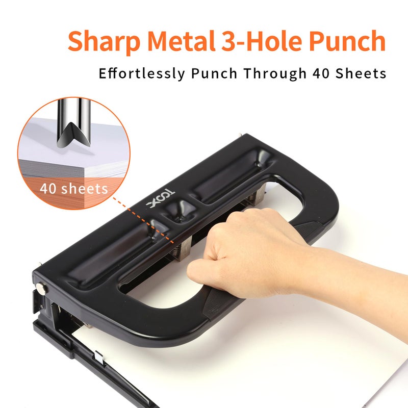 XOOL 3 Hole Punch, Heavy Duty Metal Hole Puncher for 2 or 3 Holes, 9/32"" 7mm Hole Diameter, 40-Sheet Capacity, Adjustable Hole Spacing, Non-Slip Base for Office & School - Image 2